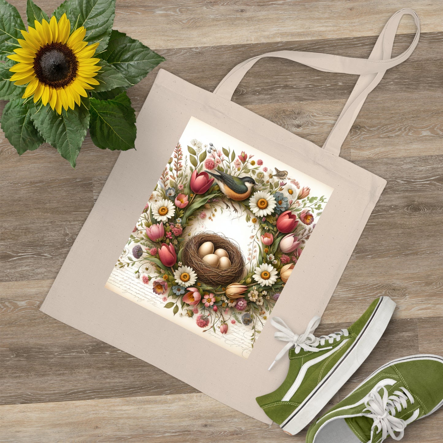 Spring Floral Tote Bag with Bird's Nest Design Frühlingsblumen-Einkaufstasche mit Vogelnest-Design