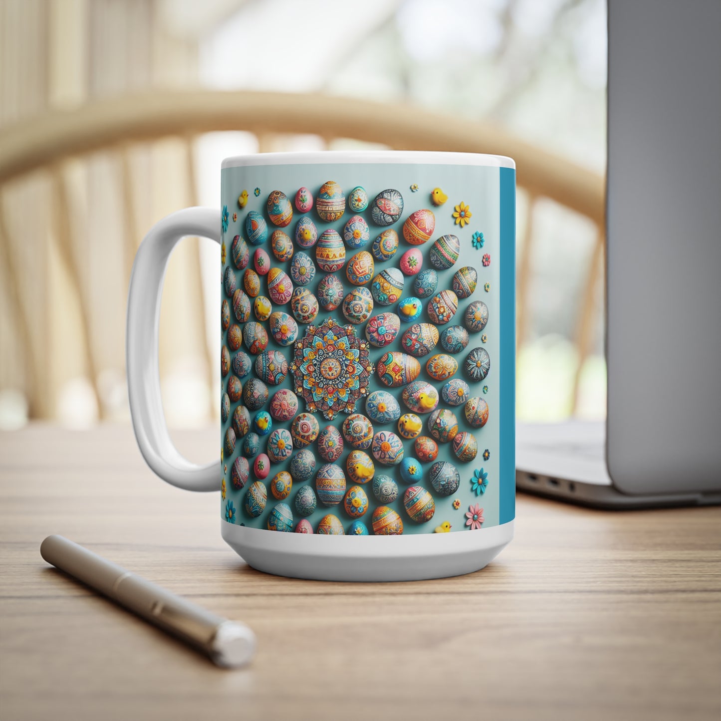 Keramik-Kaffeetassen mit Ostermotiv – 11 oz und 15 oz, buntes Eier-Design