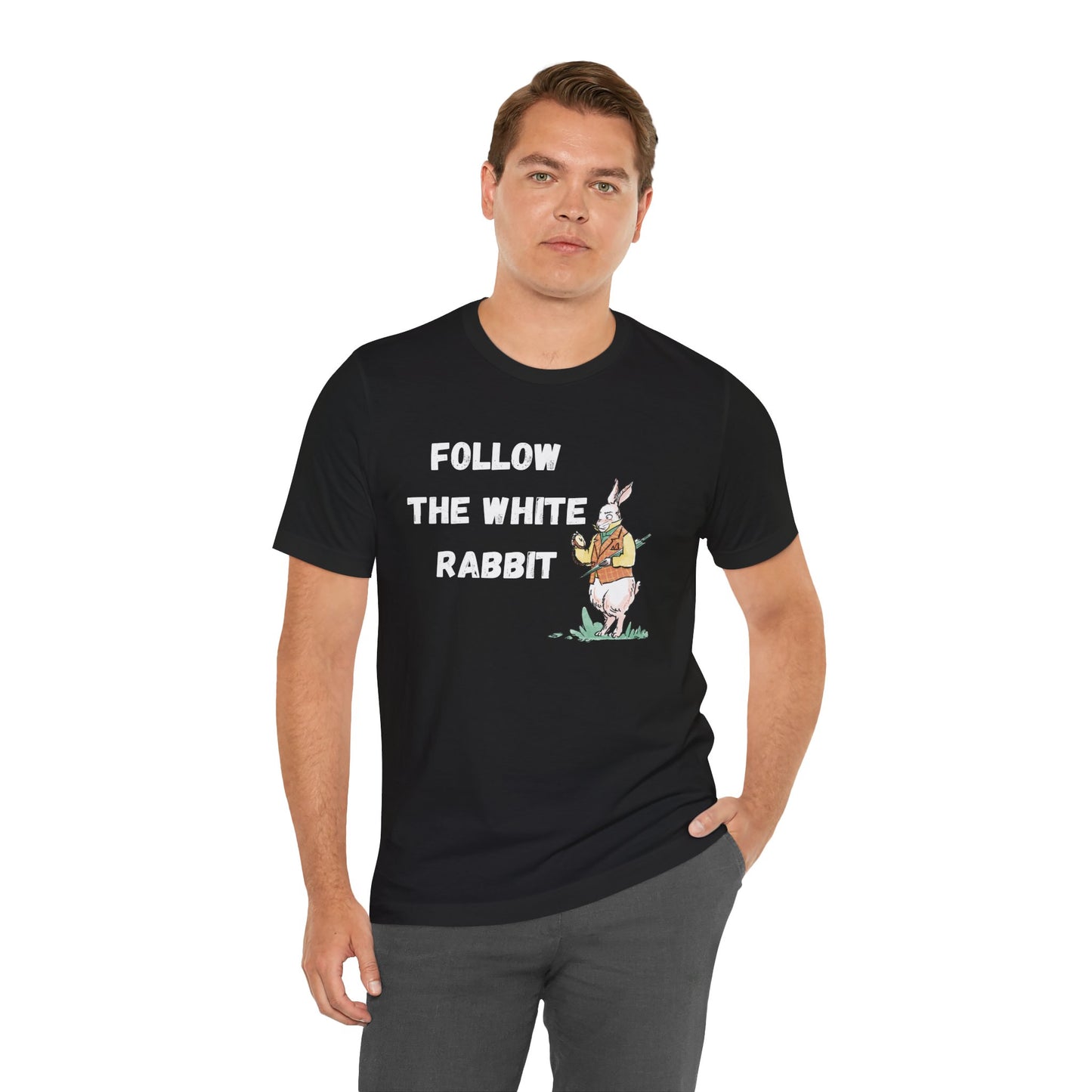 Follow the White Rabbit Tee - Unisex Jersey Short Sleeve Shirt for Adventure Lovers