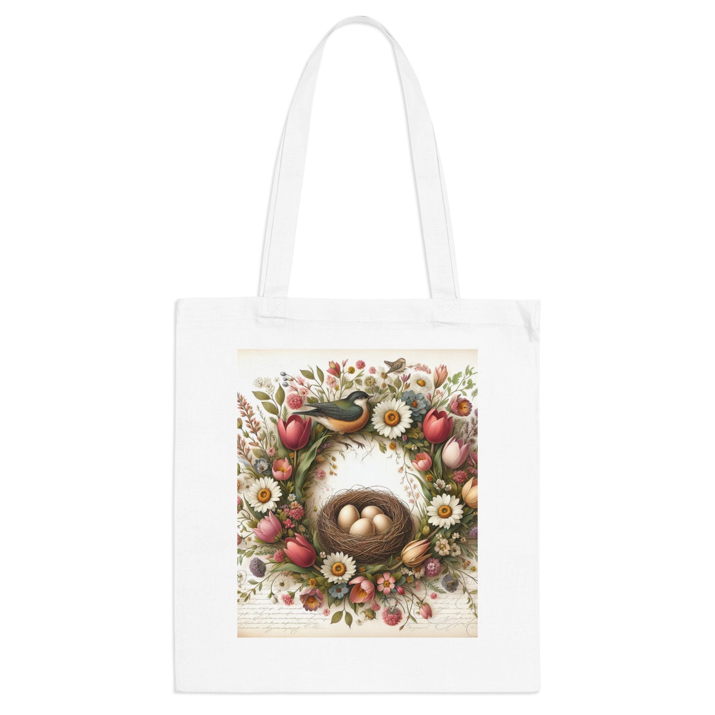 Spring Floral Tote Bag with Bird's Nest Design Frühlingsblumen-Einkaufstasche mit Vogelnest-Design