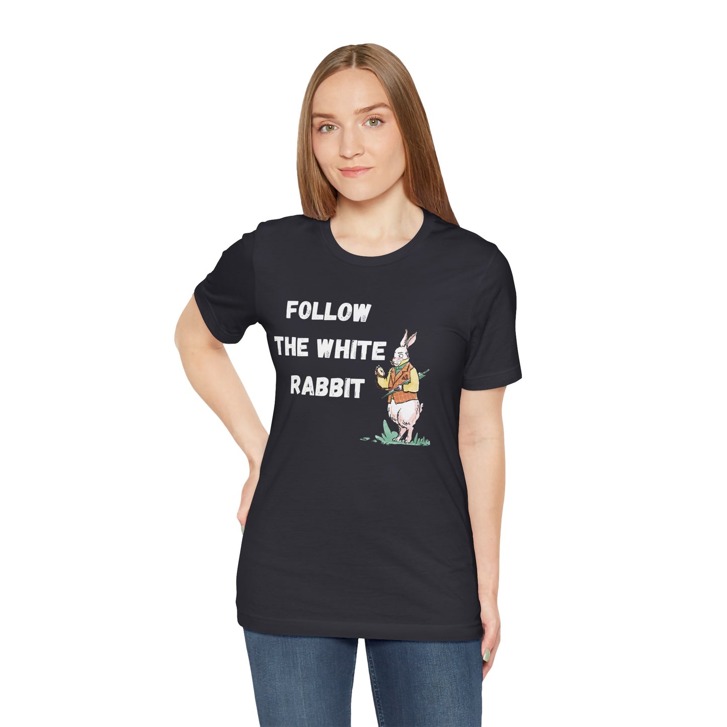 Follow the White Rabbit Tee - Unisex Jersey Short Sleeve Shirt for Adventure Lovers