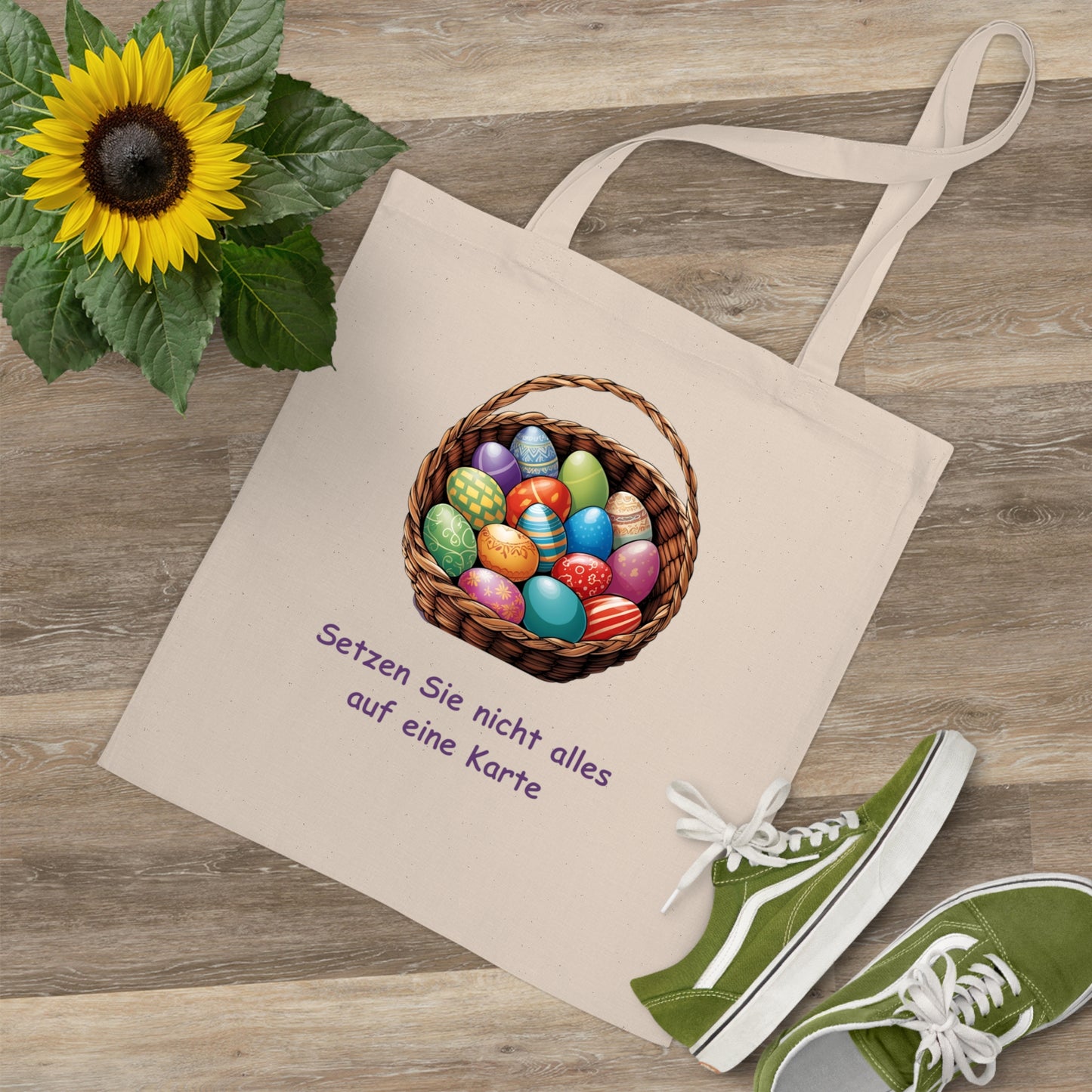 Einkaufstasche mit Ostermotiv – buntes Eier-Design mit inspirierendem Zitat