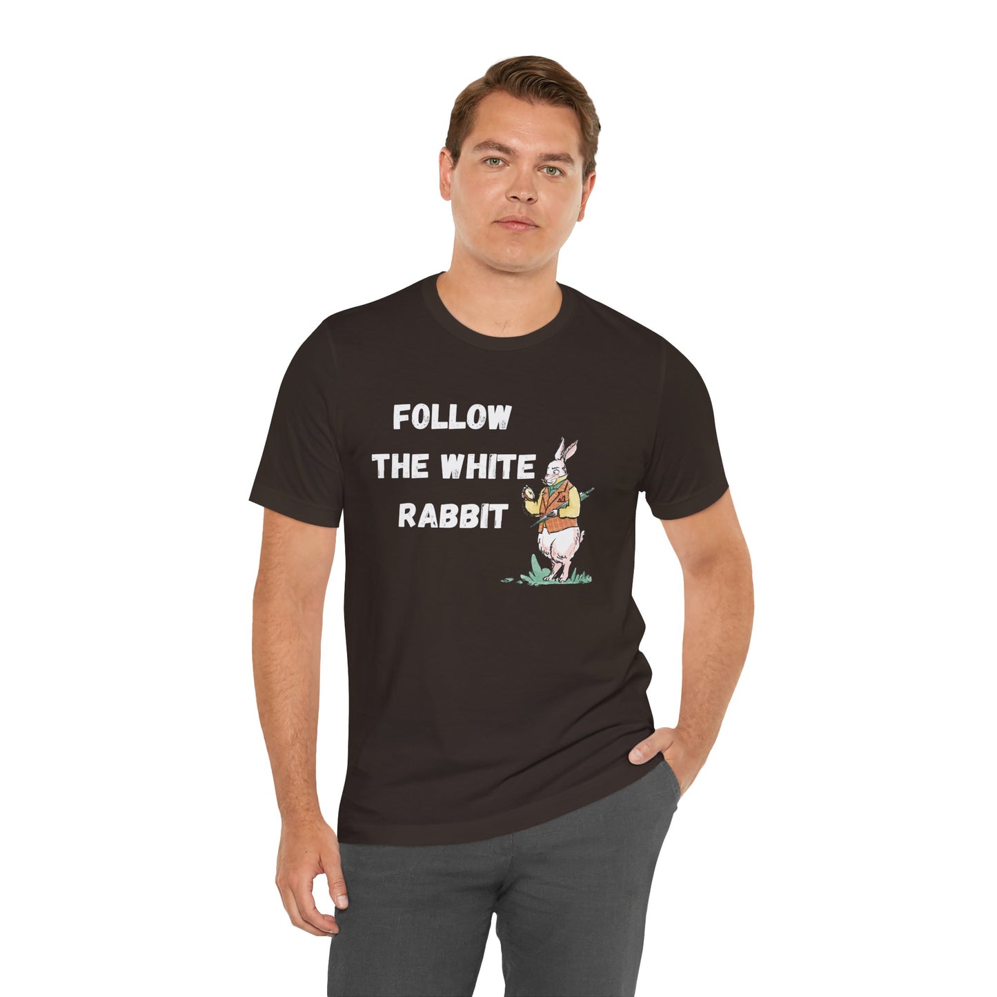 Follow the White Rabbit Tee - Unisex Jersey Short Sleeve Shirt for Adventure Lovers