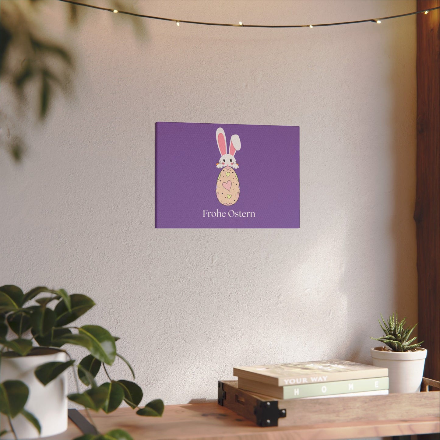 Giclée-Druck „Osterhase“ auf Leinwand – Dekor „Frohe Ostern“. 