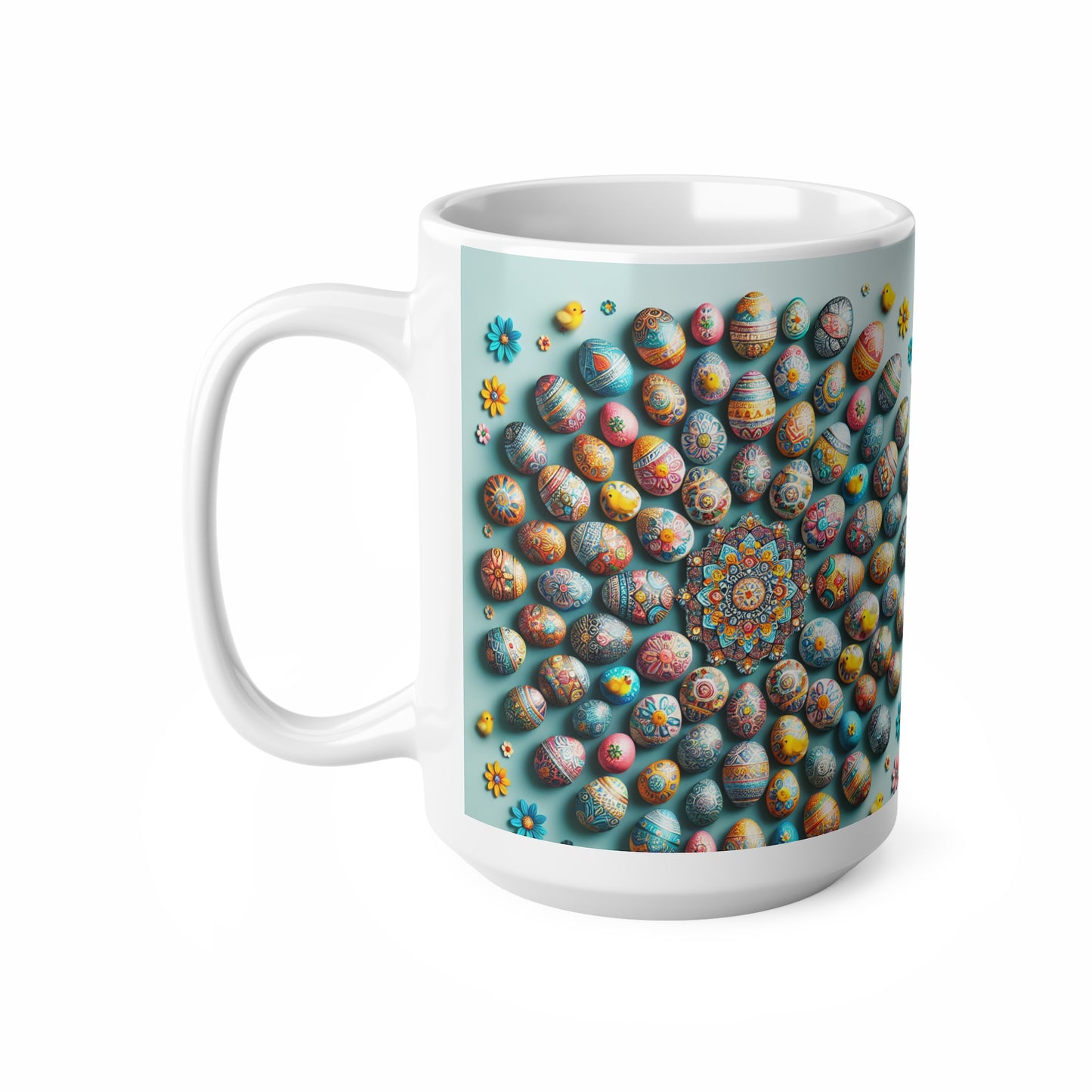 Keramik-Kaffeetassen mit Ostermotiv – 11 oz und 15 oz, buntes Eier-Design