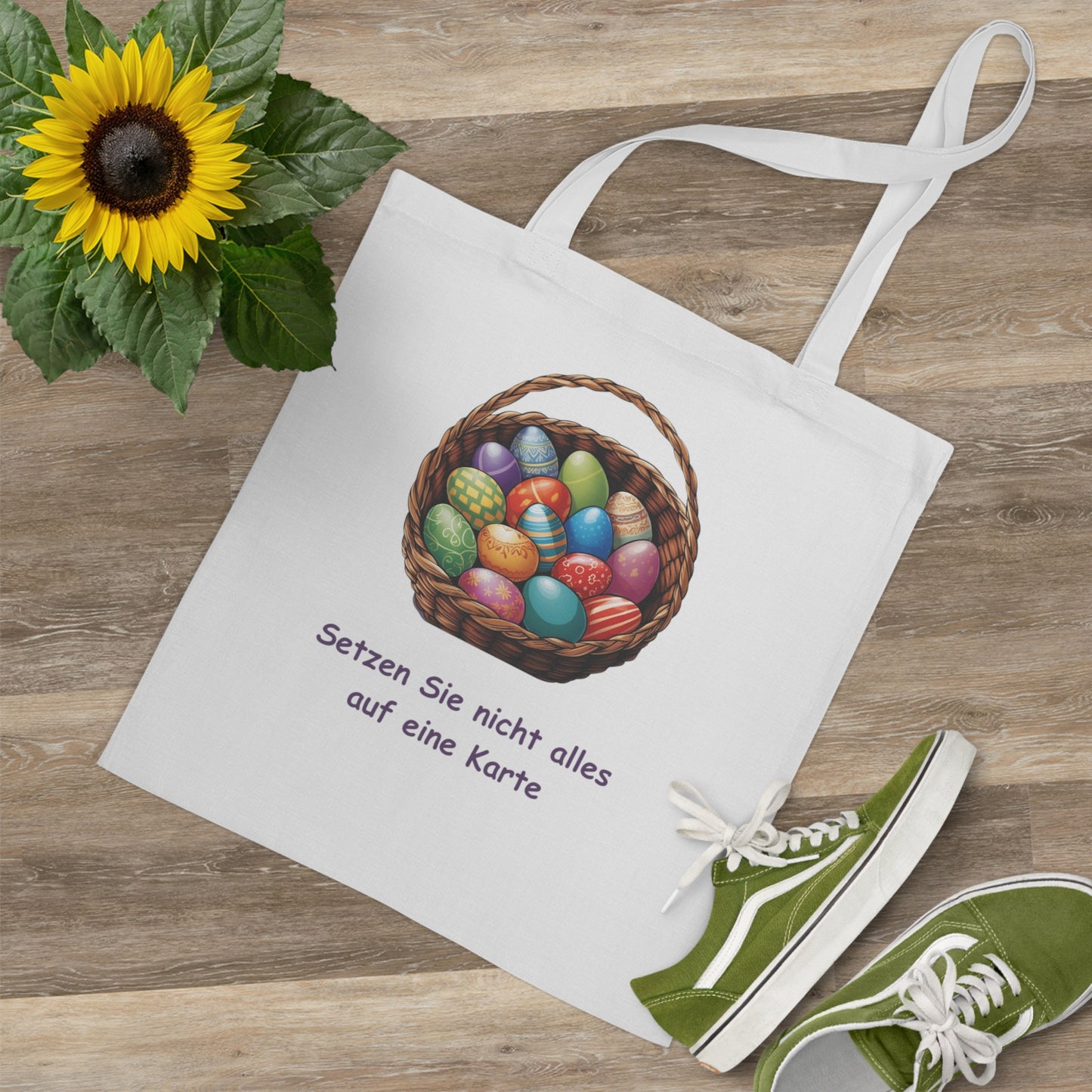 Einkaufstasche mit Ostermotiv – buntes Eier-Design mit inspirierendem Zitat