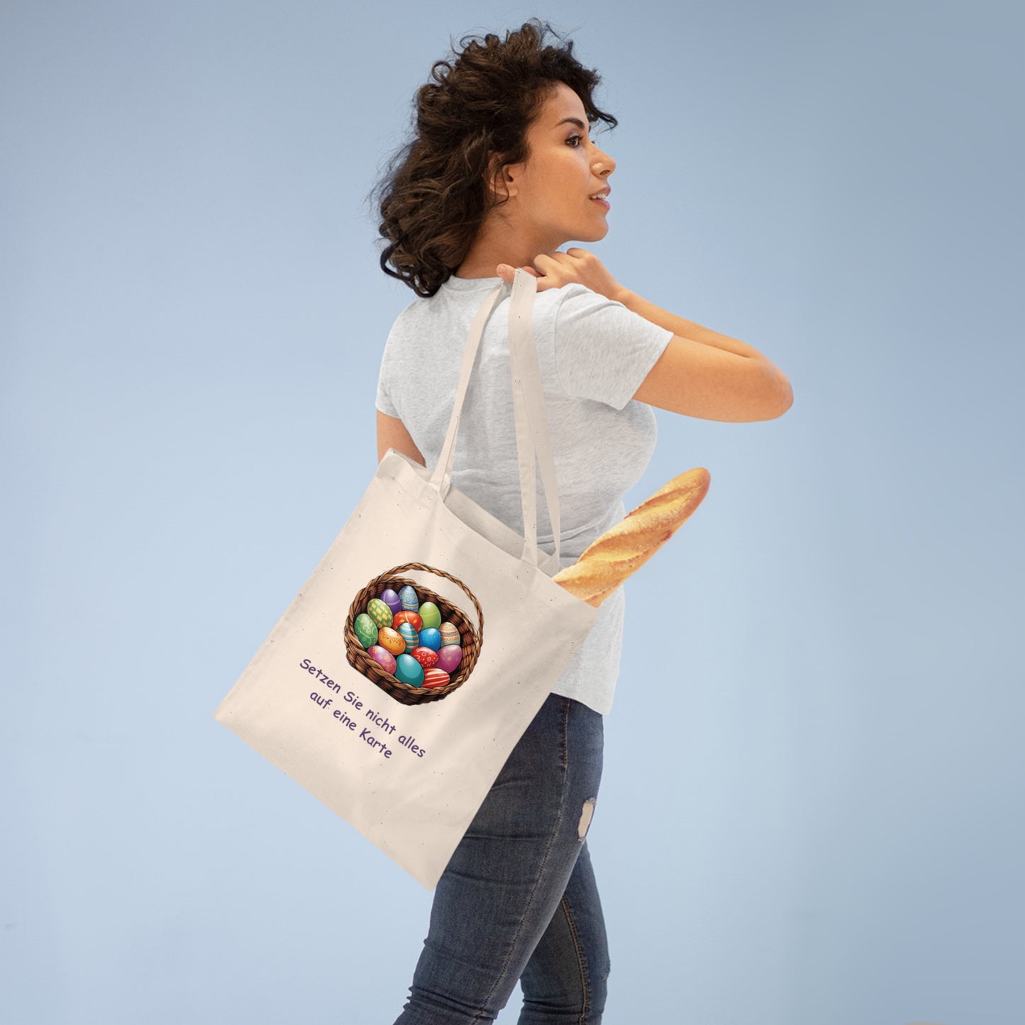 Einkaufstasche mit Ostermotiv – buntes Eier-Design mit inspirierendem Zitat
