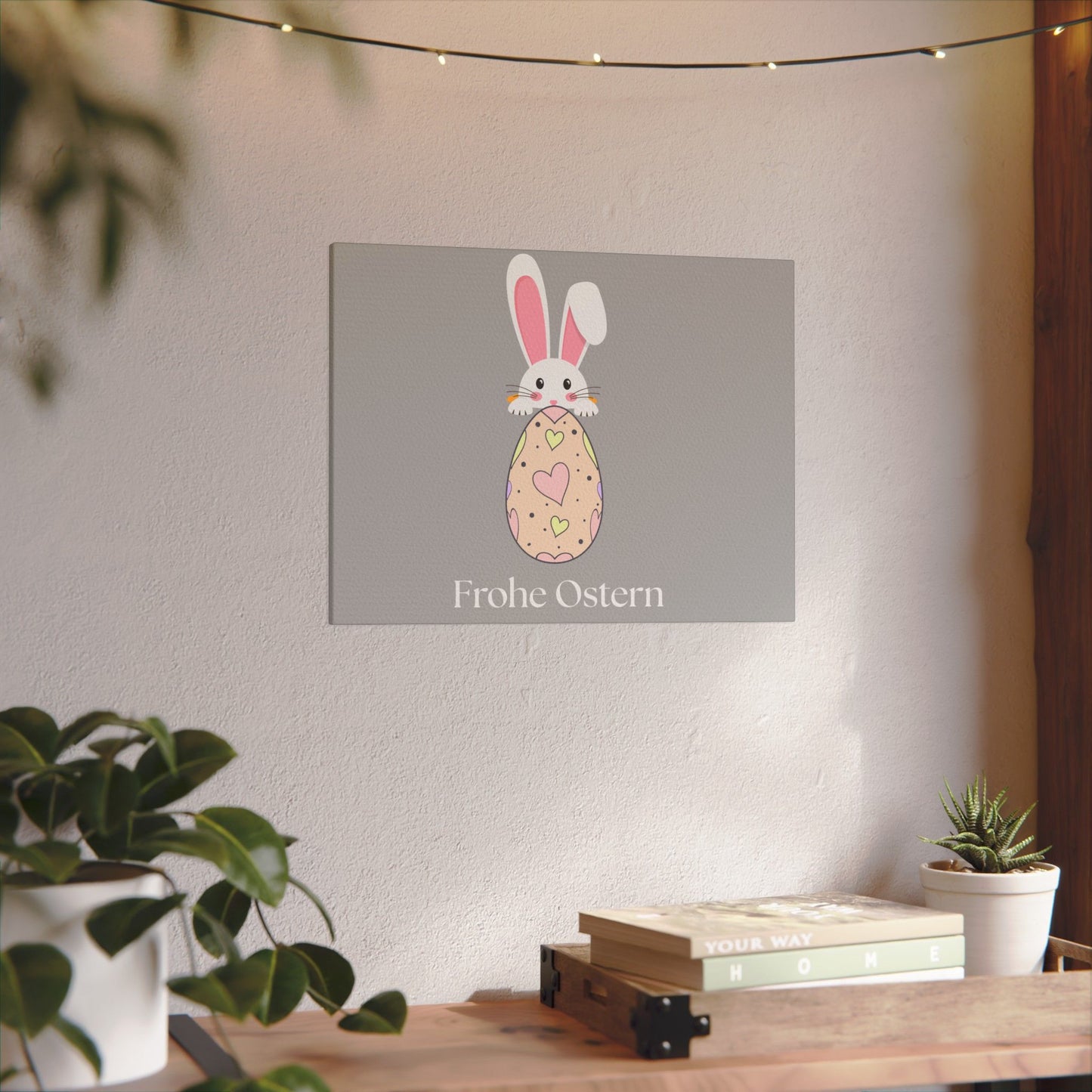 Giclée-Druck „Osterhase“ auf Leinwand – Dekor „Frohe Ostern“. 