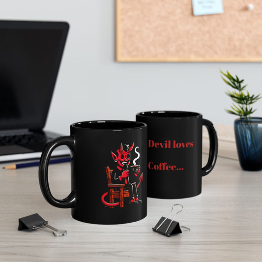 Devil Loves Coffee Black Mug - Fun 11oz & 15oz Coffee Cups for Coffee Lovers