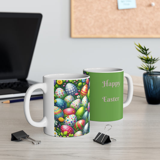 Tazas de café de cerámica floral de Pascua - 11oz y 15oz con diseño de huevos coloridos