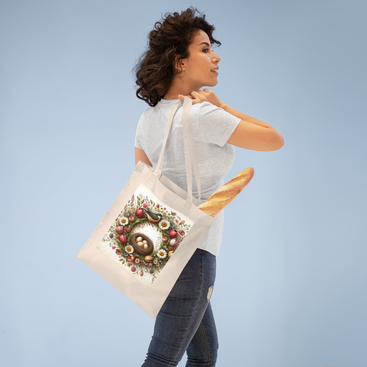 Spring Floral Tote Bag with Bird's Nest Design Frühlingsblumen-Einkaufstasche mit Vogelnest-Design