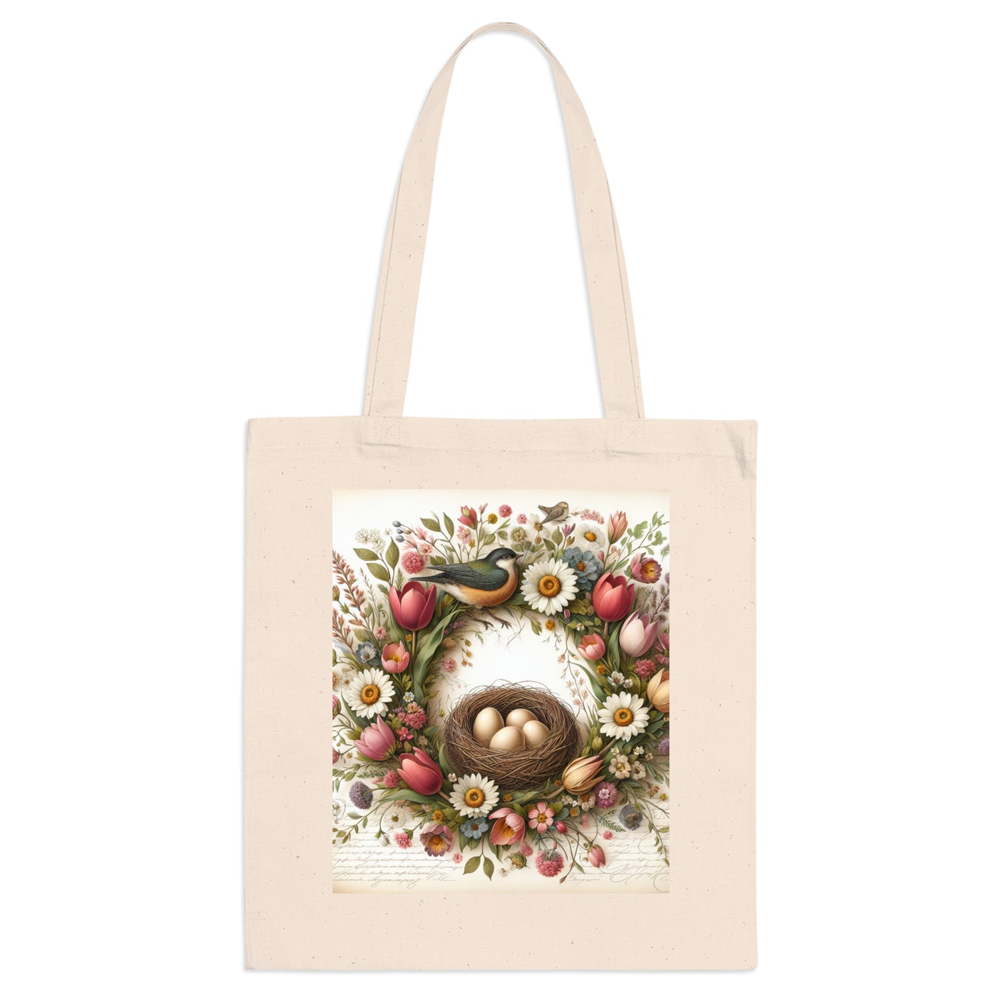 Spring Floral Tote Bag with Bird's Nest Design Frühlingsblumen-Einkaufstasche mit Vogelnest-Design