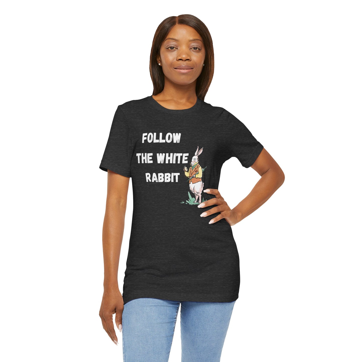 Follow the White Rabbit Tee - Unisex Jersey Short Sleeve Shirt for Adventure Lovers