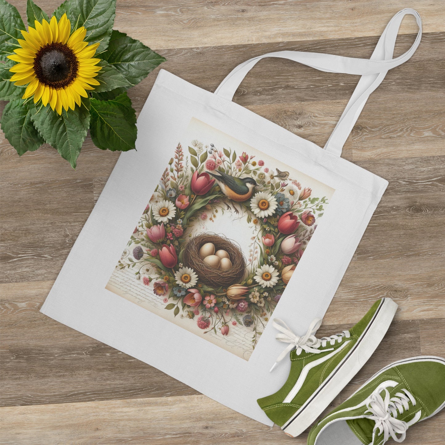 Spring Floral Tote Bag with Bird's Nest Design Frühlingsblumen-Einkaufstasche mit Vogelnest-Design